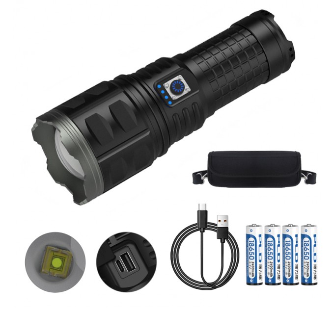 Фонарь AK138 WHITE LASER LED PM60-TG, 4х18650, power bank, индикация заряда, ЗУ Type-C, zoom, Box