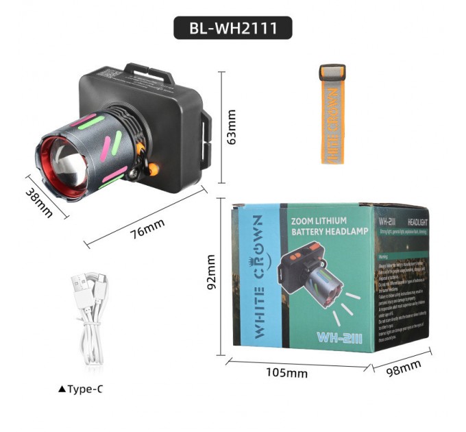 Фонарь налобный NIGHT VISION FLUORESCENCE WH-2111-TG, IPX44, Li-Ion аккум., ЗУ Type-C, zoom, Box