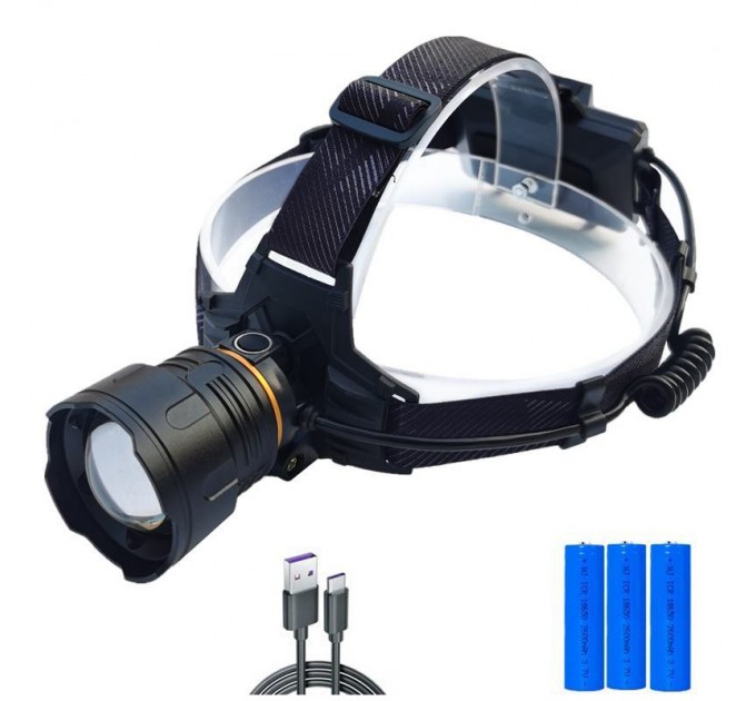 Фонарь налобный 8078-P360, 1 режим, 3x18650, ЗУ Type-C, zoom, Box