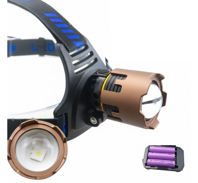 Фонарь налобный A50-TG, Power Bank, 3x18650, ЗУ Type-C, zoom, Box