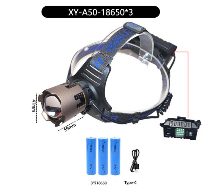 Фонарь налобный A50-TG, Power Bank, 3x18650, ЗУ Type-C, zoom, Box