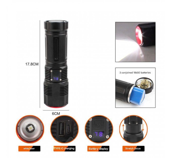 Фонарь 2211-TG, 3x18650, Powe Bank, ЗУ Type-C, zoom, Box