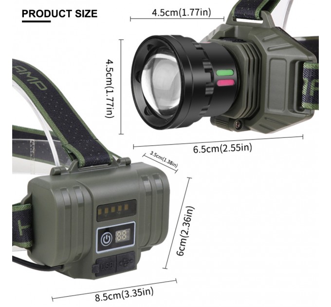 Фонарь налобный NIGHT VISION FLUORESCENCE 8098-TG, IPX4, 2x18650, ЗУ Type-C, zoom, Box