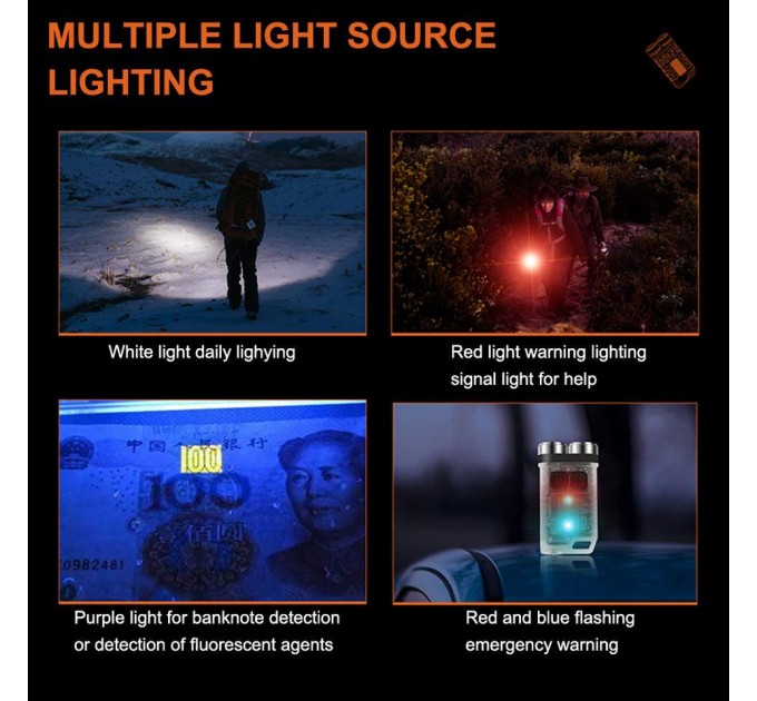 Фонарь брелок S02/V3-2LM+4SMD(RGB), Li-Ion аккумулятор, ЗУ Type-C