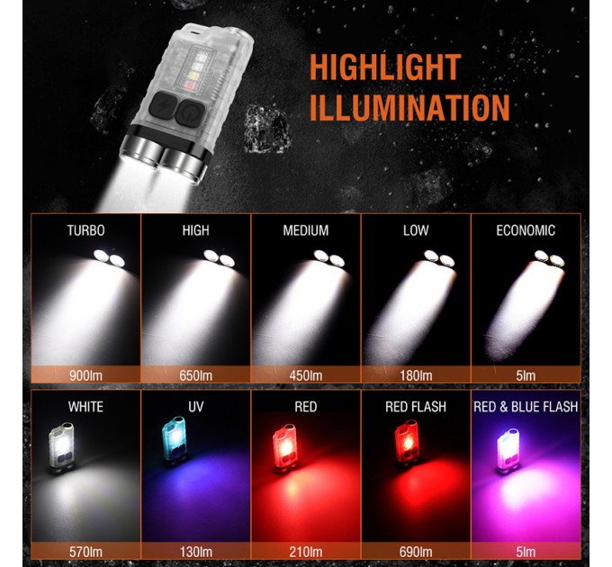 Фонарь брелок S02/V3-2LM+4SMD(RGB), Li-Ion аккумулятор, ЗУ Type-C