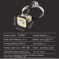 Фонарь налобный 826XS-XPE+8COB(White+Red), Motion Sensor, 1x18650, вело крепление, ЗУ Type-C, Box