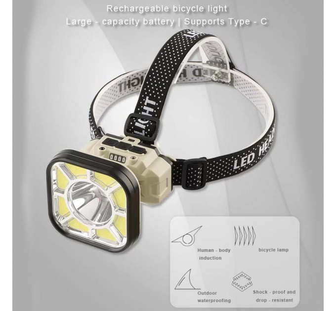 Фонарь налобный 826XS-XPE+8COB(White+Red), Motion Sensor, 1x18650, вело крепление, ЗУ Type-C, Box