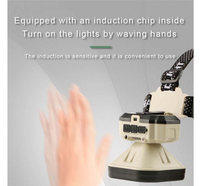 Фонарь налобный 826XS-XPE+8COB(White+Red), Motion Sensor, 1x18650, вело крепление, ЗУ Type-C, Box