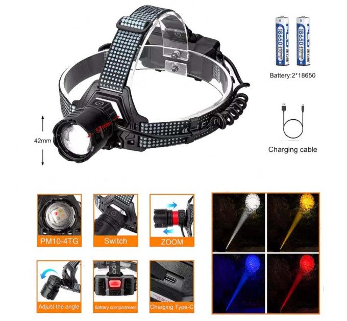 Фонарь налобный 8505 WHITE LASER LED PM10-4TG (White+Yellow+Blue+Red), 2x18650, ЗУ Type-C, zoom, Box