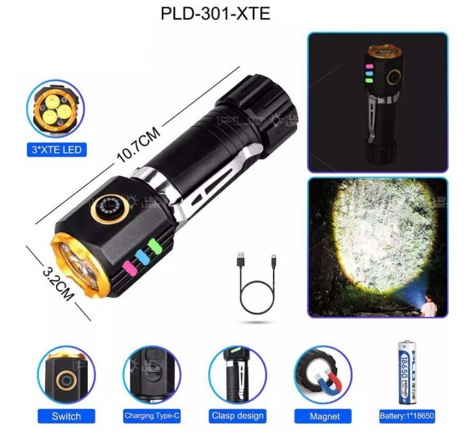 Фонарь NIGHT VISION FLUORESCENCE 301-3XTE, 1x18650, ЗУ Type-C, магнит, Box