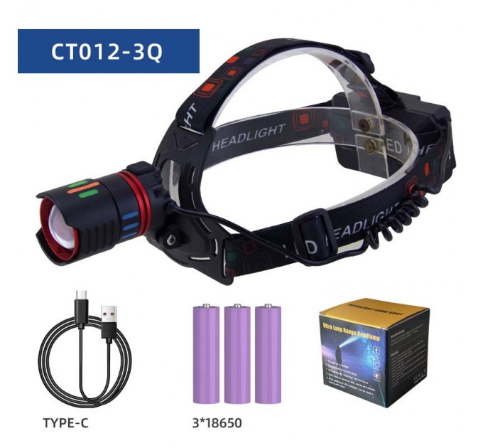 Фонарь налобный NIGHT VISION FLUORESCENCE CT012-3Q-TG, 3x18650, ЗУ Type-C, Power Bank, zoom, Box