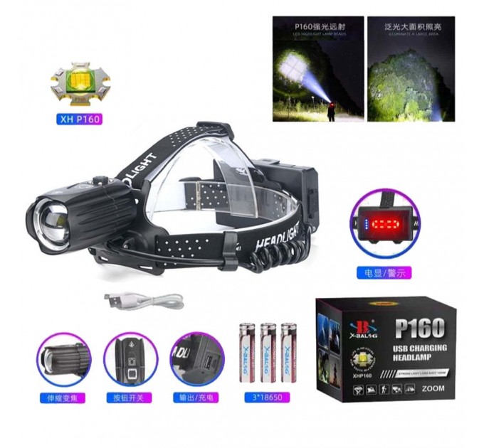 Фонарь налобный BL-T35-P160, 3x18650, Power Bank, ЗУ Type-C, zoom, Box