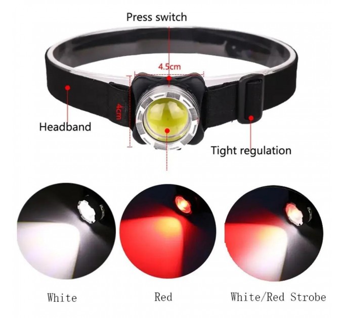 Фонарь налобный BL-F006-COB(White+Red), ЗУ Type-C, Li-Ion аккумулятор, Box