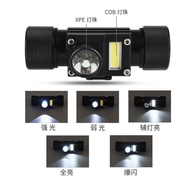 Фонарь налобный XQ-210-2-XPE+COB, 1x18650, ЗУ microUSB