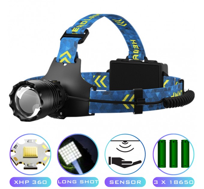 Фонарь налобный BL-25CC-P360, 3x18650, Power Bank, ЗУ Type-C, zoom, Box