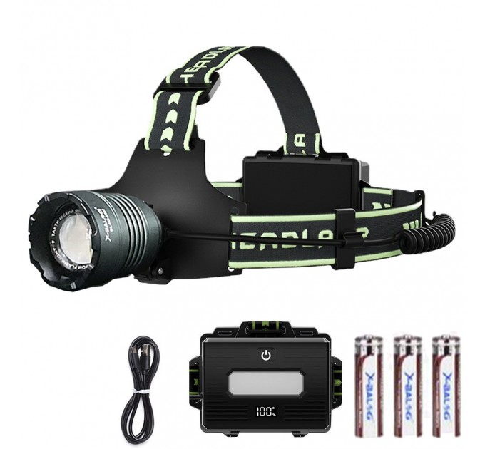 Фонарь налобный BL-H2-TG, 3x18650, Power Bank, ЗУ Type-C, zoom, Box