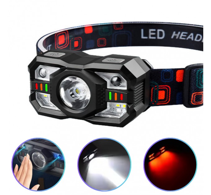 Фонарь налобный XS-09-LM+6SMD(WHITE+RED), Motion Sensor, Li-Ion аккум., ЗУ Type-C