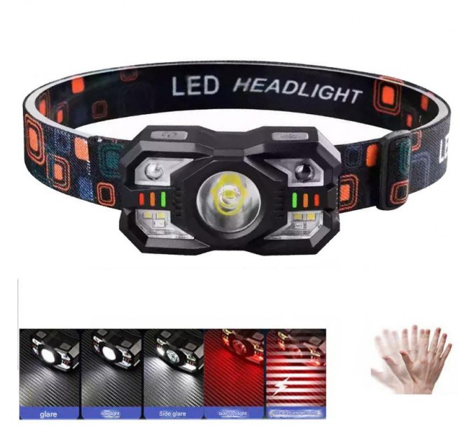 Фонарь налобный XS-09-LM+6SMD(WHITE+RED), Motion Sensor, Li-Ion аккум., ЗУ Type-C