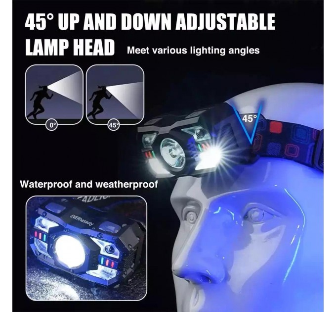 Фонарь налобный XS-09-LM+6SMD(WHITE+RED), Motion Sensor, Li-Ion аккум., ЗУ Type-C