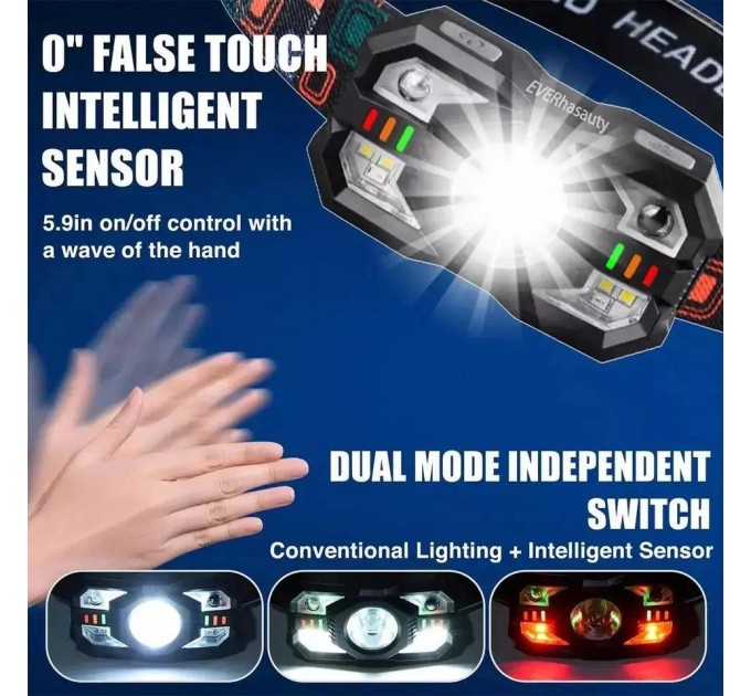 Фонарь налобный XS-09-LM+6SMD(WHITE+RED), Motion Sensor, Li-Ion аккум., ЗУ Type-C