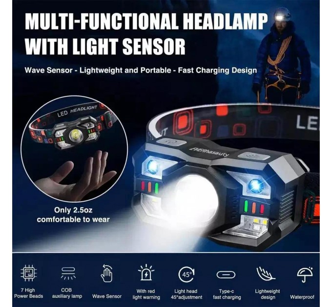 Фонарь налобный XS-09-LM+6SMD(WHITE+RED), Motion Sensor, Li-Ion аккум., ЗУ Type-C