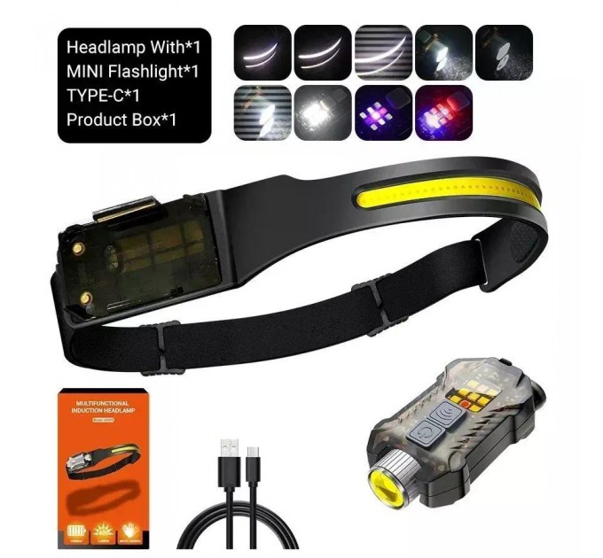 Фонарь налобный T-018-LM+COB, Li-Ion аккумулятор, ЗУ Type-C, магнит, Box