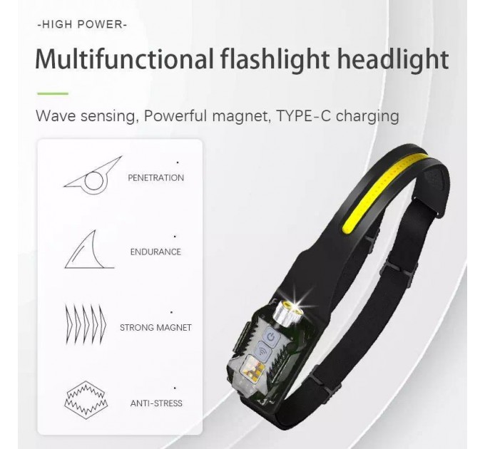 Фонарь налобный T-018-LM+COB, Li-Ion аккумулятор, ЗУ Type-C, магнит, Box