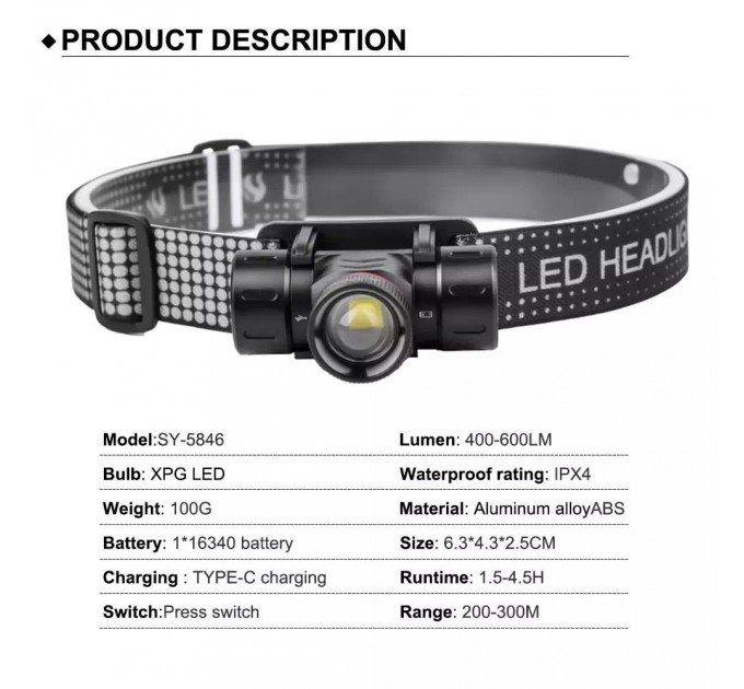 Фонарь налобный 5846-XPG, 1x16340, ЗУ Type-C, магнит, Box