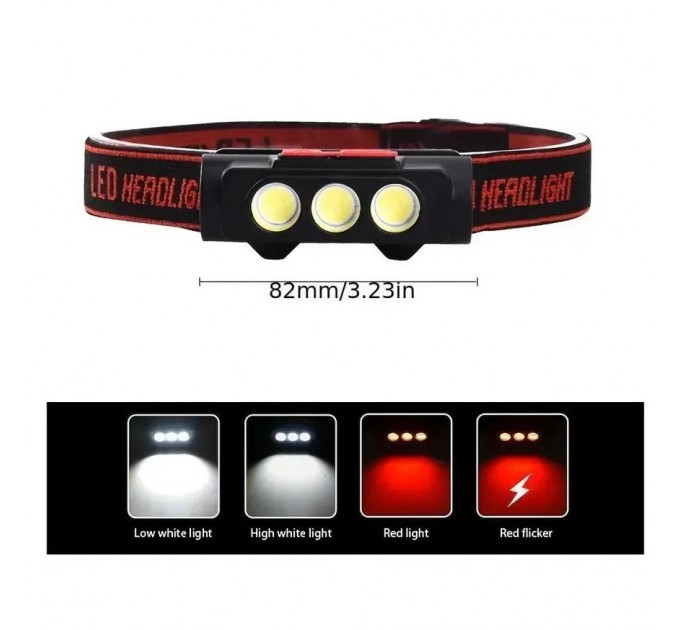 Фонарь налобный BL-2119C-3COB(White+Red), 1х18650, ЗУ Type-C, Box