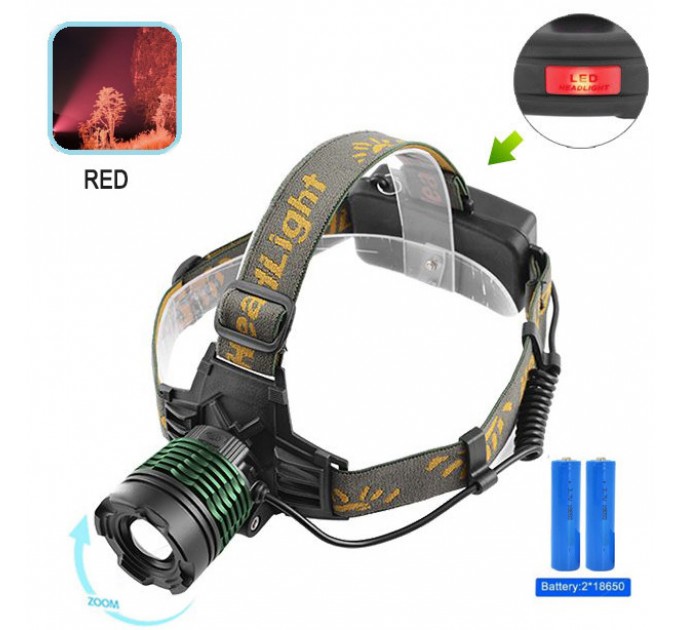 Фонарь налобный 2188-XPE(Red), 2х18650, signal light, ЗУ microUSB, zoom, Box