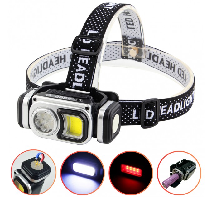 Фонарь налобный HX-T60-5SMD+COB(White+Red), Waterproof, 1x18650, ЗУ Type-C, магнит, Box