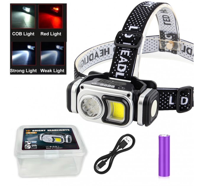 Фонарь налобный HX-T60-5SMD+COB(White+Red), Waterproof, 1x18650, ЗУ Type-C, магнит, Box