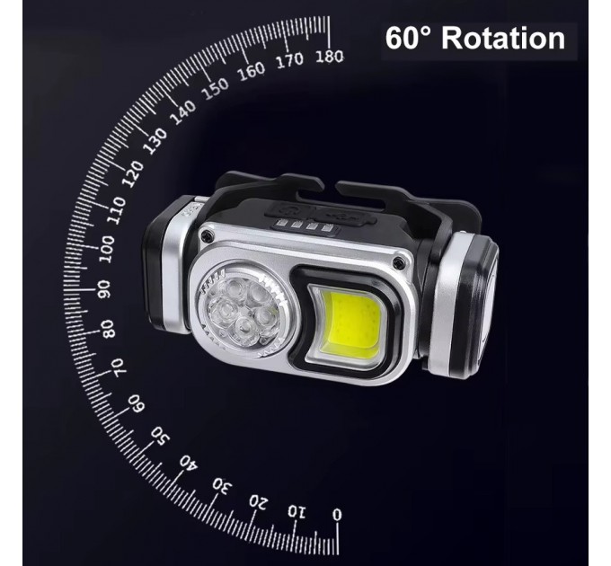 Фонарь налобный HX-T60-5SMD+COB(White+Red), Waterproof, 1x18650, ЗУ Type-C, магнит, Box