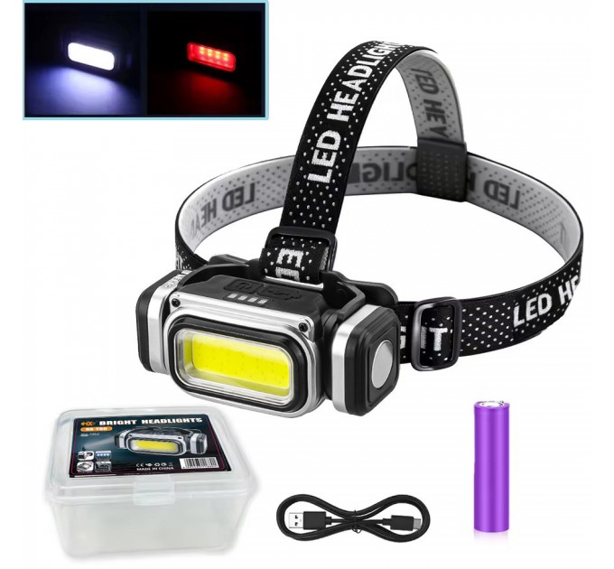 Фонарь налобный HX-T80-COB(White+Red), Waterproof, 1x18650, ЗУ Type-C, магнит, Box