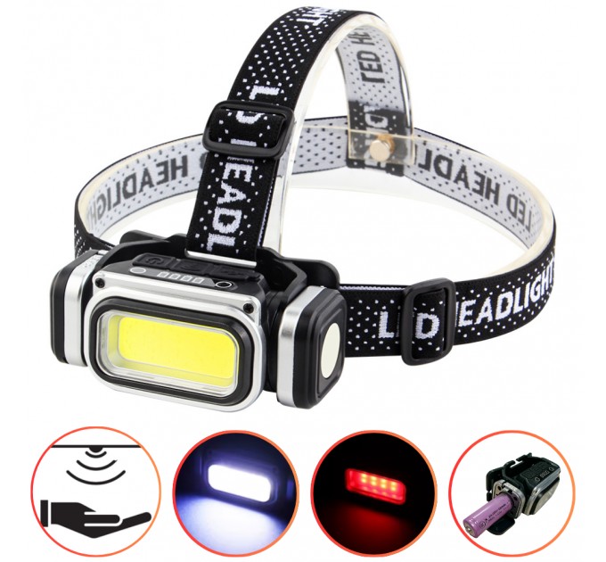 Фонарь налобный HX-T80S-COB(White+Red), Motion Sensor, Waterproof, 1x18650, ЗУ Type-C, магнит, Box
