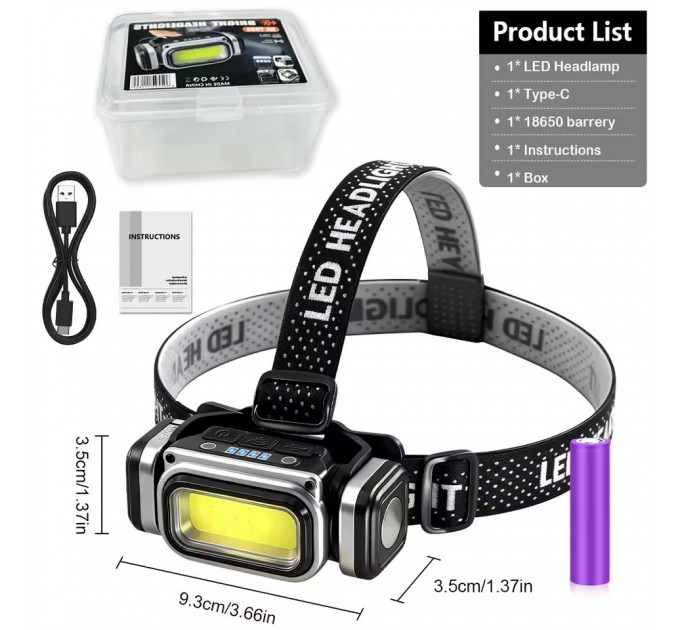 Фонарь налобный HX-T80S-COB(White+Red), Motion Sensor, Waterproof, 1x18650, ЗУ Type-C, магнит, Box