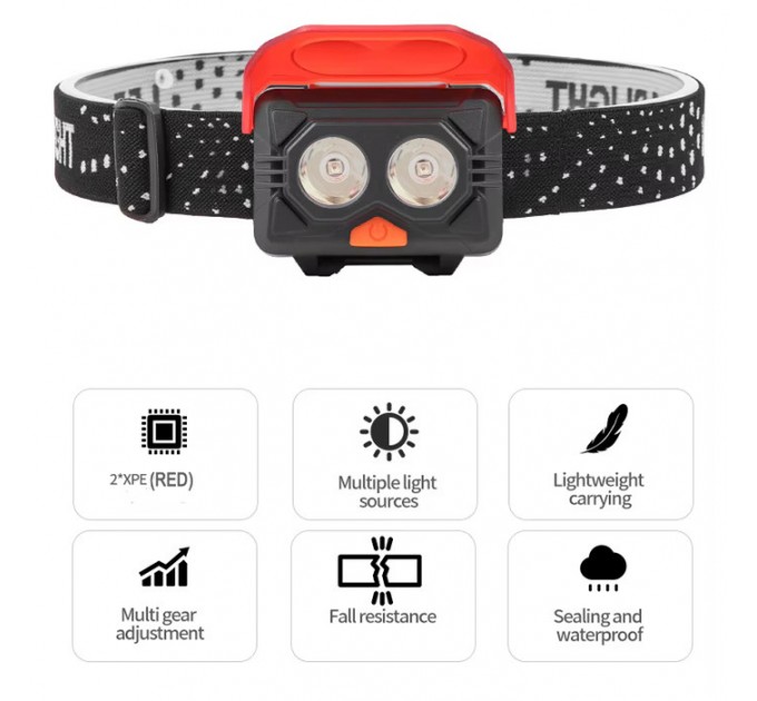 Фонарь налобный 2029-2XPE(RED), 3хААА, пластик