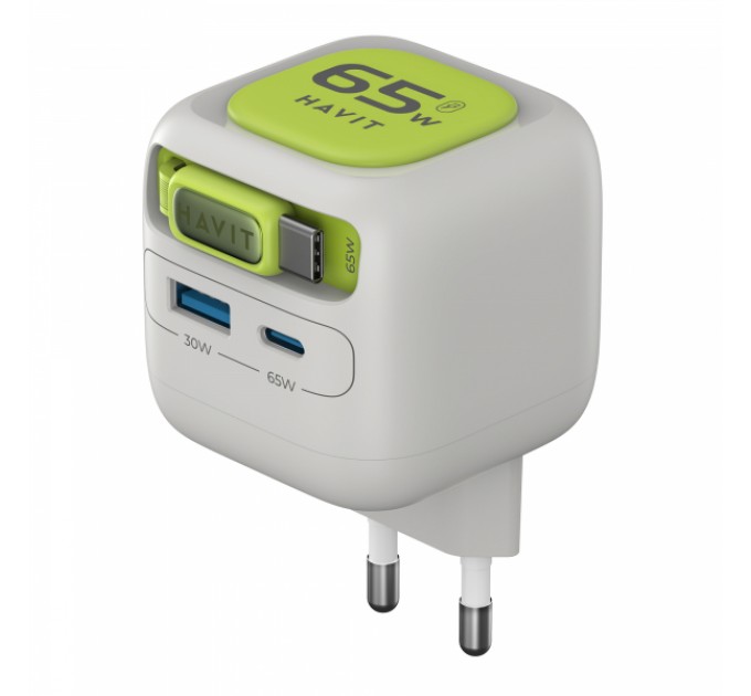 Зарядний пристрій HAVIT UC253 GaN 65W USB-A+USB-C +Кабель USB-C Gray/Green