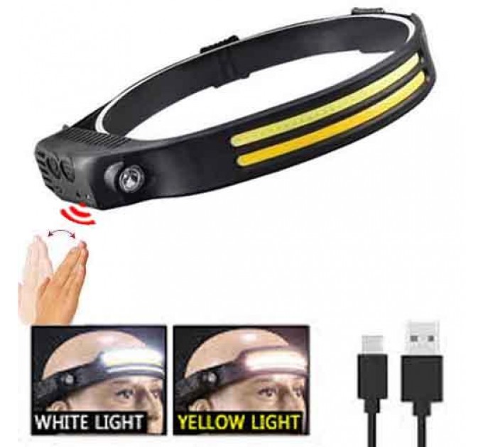 Фонарь налобный BL-W689-LM+2COB (white+yellow), Motion Sensor, Li-Ion аккум., ЗУ Type-C, Box