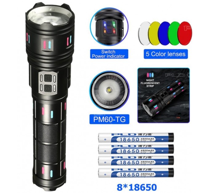 Фонарь NIGHT VISION FLUORESCENCE AK177-WHITE LASER LED PM60-TG, 8x18650 3.7V, Power Bank, ЗУ Type-C, zoom, 5 фильтров