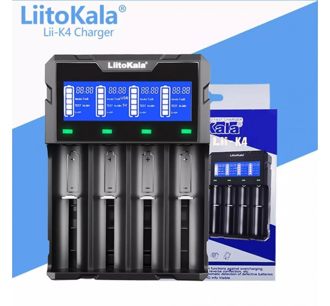 Зарядное устройство LiitoKala Lii-K4, Power Bank, 18650/ 26650/ 21700/ 26700/ AA