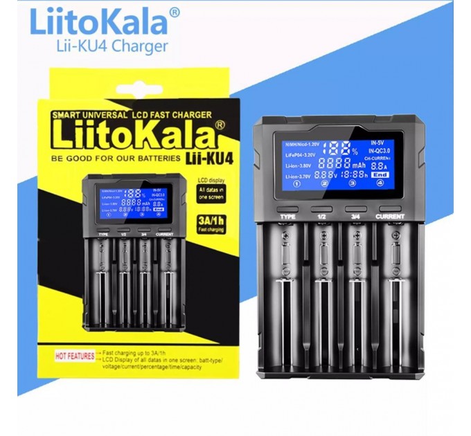 Зарядное устройство LiitoKala Lii-KU4, 18650/ 26650/ 21700/ 32650/ 20700/ 21700/ 16340