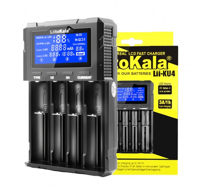 Зарядное устройство LiitoKala Lii-KU4, 18650/ 26650/ 21700/ 32650/ 20700/ 21700/ 16340