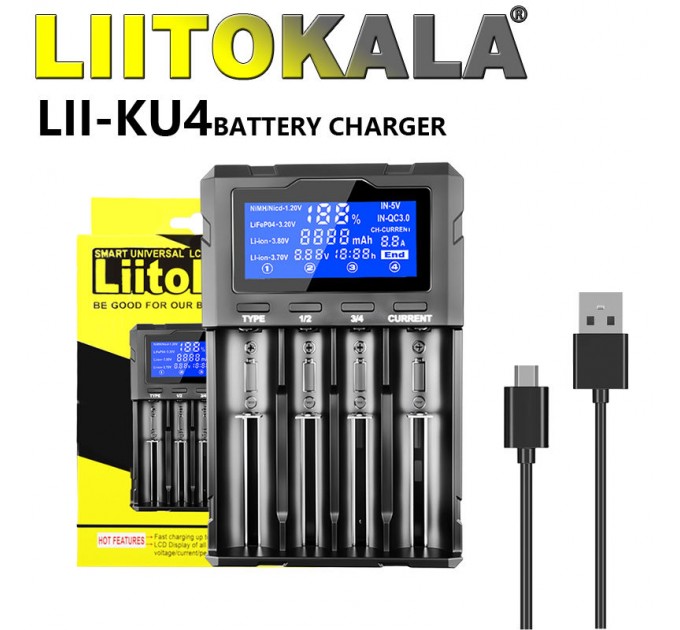 Зарядное устройство LiitoKala Lii-KU4, 18650/ 26650/ 21700/ 32650/ 20700/ 21700/ 16340