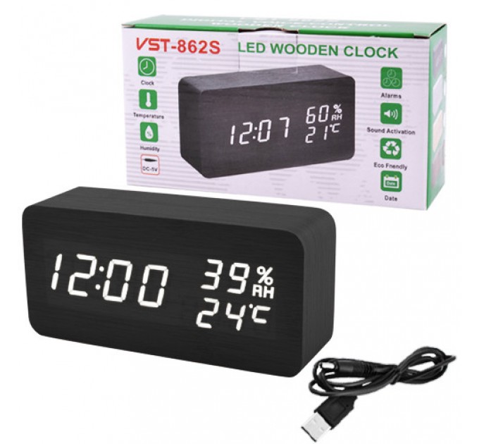 Часы сетевые VST-862S-6 белые, (корпус черный) температура, влажность, USB