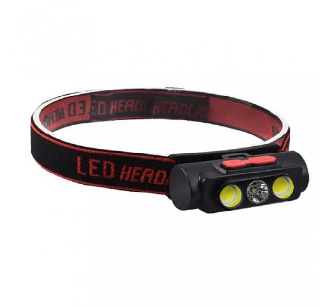 Фонарь налобный PLD-2119B-XPE+2COB(White+Red), 1х18650, ЗУ Type-C, Box