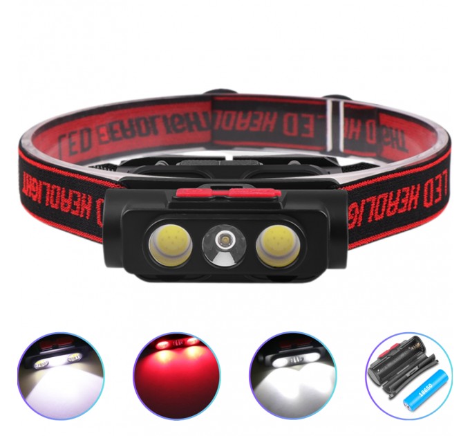 Фонарь налобный PLD-2119B-XPE+2COB(White+Red), 1х18650, ЗУ Type-C, Box