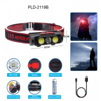 Фонарь налобный PLD-2119B-XPE+2COB(White+Red), 1х18650, ЗУ Type-C, Box