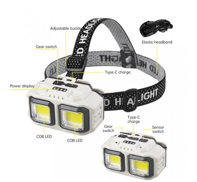 Фонарь налобный HX-816S-2COB(White+Red), Motion Sensor, Waterproof, 1x18650, ЗУ Type-C, Box