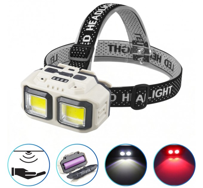 Фонарь налобный HX-816S-2COB(White+Red), Motion Sensor, Waterproof, 1x18650, ЗУ Type-C, Box